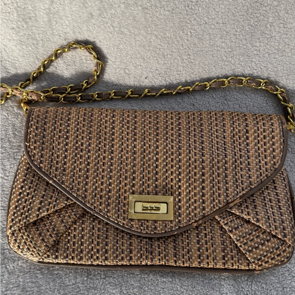 Aldo Brown and Gold Woven Clutch with Chain Strap